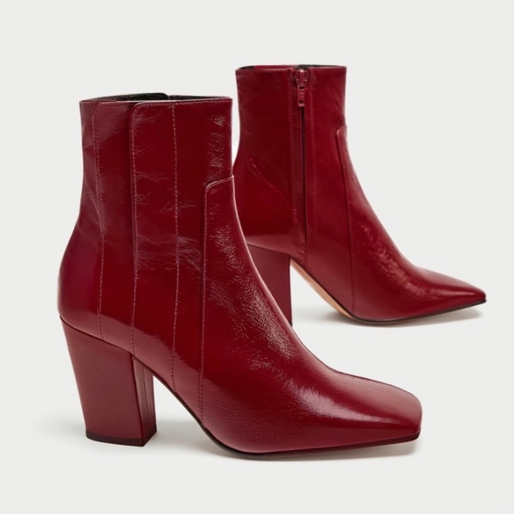 Zara Red Patent Leather Ankle Booties